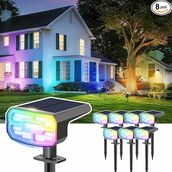Color Changing Solar Spot Lights Outdoor Waterproof IP65,9 Lighting Modes Multicolor RGB Christmas Spotlight for Porches Yard Gardens Landscape Deconrations-8 Pack