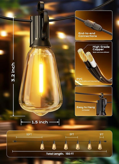 Brightown Outdoor String Lights, 150ft 49 ST38 Shatterproof LED Patio Lights, Dimmable IP65 Waterproof