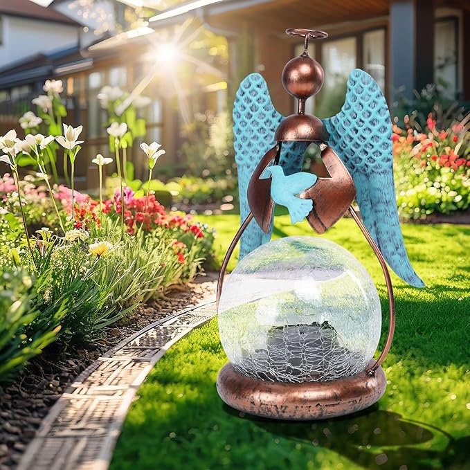 MUMTOP Angel Solar Lights Outdoor Garden - Solar Lanterns Light Decorative Waterproof with Glass Cracked Globe Tabletop Lantern Lamp Ornaments for Yard Patio Decor Gift (Hold Dove)