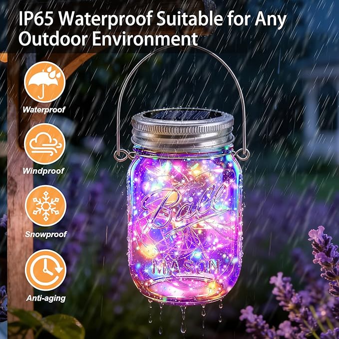 VOOKRY 6 Pack Solar Mason Jar Lights, 30 LED Mason Jar Lids Waterproof Firefly Fairy String Lights with 6 Hangers(No Jars), for Outdoor Patio Garden Yard Lawn Party Wedding Decoration - Multicolor