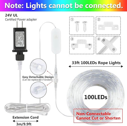 33FT Rope Lights Outdoor Color Changing, Warm White Rope Lighting 100 LED String Lights Plug in with Remote, 30 Colors Rope Light for Indoor Garden Patio Camping Room Landscape Tree Christmas Décor