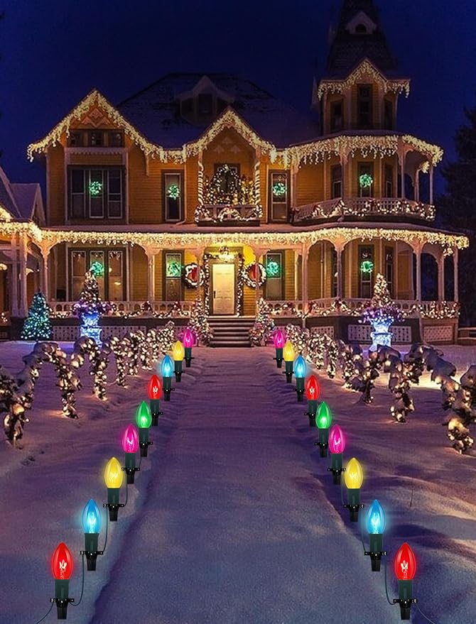 C9 Christmas Pathway Lights Outdoor, 38Ft Outdoor Christmas Decorations with 25 C9 Multicolor Bulbs Marker Stakes Light, Connectable Walkway Lights for Outside Yard Lawn Sidewalk Garden