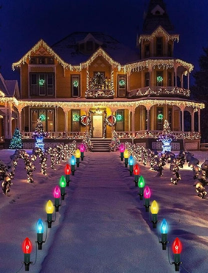 C9 Christmas Pathway Lights Outdoor, 38Ft Outdoor Christmas Decorations with 25 C9 Multicolor Bulbs Marker Stakes Light, Connectable Walkway Lights for Outside Yard Lawn Sidewalk Garden