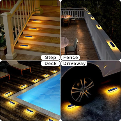 Solar Step Lights Outdoor Waterproof LED, 4 Pack Warm White Flat Solar Powered Deck Lights for Outside, Stick on Light Bar for Stair, Dock, Patio, Garden, Path, Walkway, Driveway, Porch