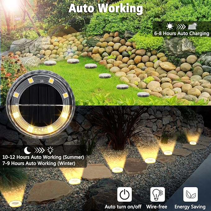 8 Pack Solar Ground Lights Outdoor, 8 LED Solar Disk Lights, IP65 Waterproof Long Lasting Flat Light for Garden Pathway Walkway Yard (Warm White)