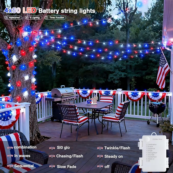 JMEXSUSS 4 Pack 50 LED Red White and Blue String Lights Battery Operated, Each 16.5ft 4th of July Lights Outdoor Waterproof, 8 Modes Patriotic Light with Timer for Independence Day Memorial Day