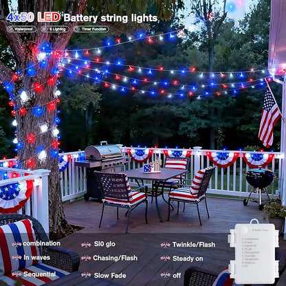 JMEXSUSS 4 Pack 50 LED Red White and Blue String Lights Battery Operated, Each 16.5ft 4th of July Lights Outdoor Waterproof, 8 Modes Patriotic Light with Timer for Independence Day Memorial Day