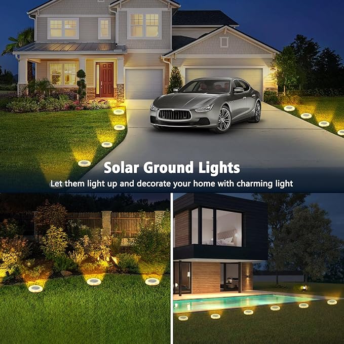 8 Pack Solar Ground Lights Outdoor, 8 LED Solar Disk Lights, IP65 Waterproof Long Lasting Flat Light for Garden Pathway Walkway Yard (Warm White)