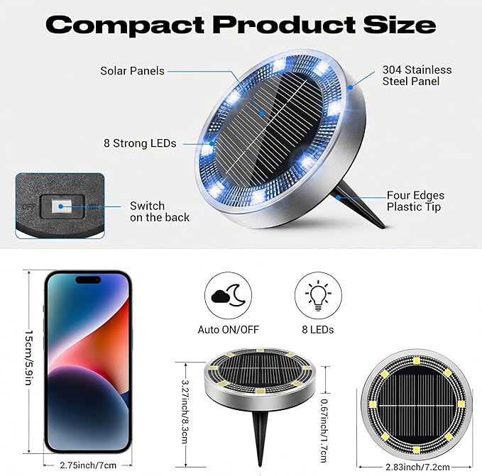 Peasur Mini Solar Ground Lights Outdoor, 8 Pack Flat Solar Powered Disc Lights, IP68 Waterproof, Anti-Rust, Landscape Lighting for Pathway Garden Yard Lawn Walkway Landscape Driveway, Blue