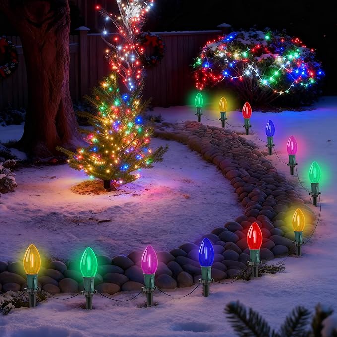 38FT Multicolor LED Christmas Pathway Lights, 25 Multicolor Extendable Weatherproof Christmas Walkway Lights with C9 LED Bulbs and Stakes for Outdoor Lawn Patio Yard Christmas Decorations