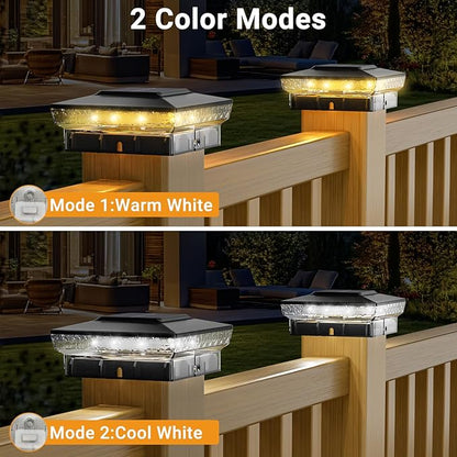 btfarm 4x4 Solar Post Cap Lights Outdoor, 2 Color Modes 16 LED Fence Post Lights Fit 4x4 3.5x3.5 Wooden/Vinyl, Bright Waterproof Solar Powered Deck Lighting Outside for Patio Porch Garden, Black