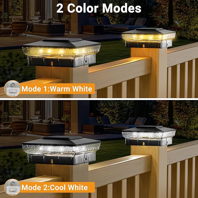 btfarm 2 Pack Solar Post Cap Lights Outdoor, 2 Color Modes 16 LED Fence Post Lights Fit 4x4 3.5x3.5 Wooden/Vinyl, Bright Waterproof Solar Powered Deck Lighting Outside for Patio Porch Garden, Black