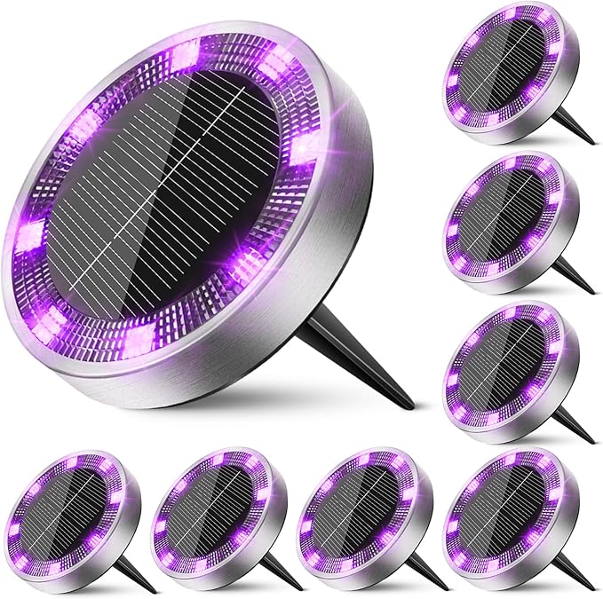 Peasur Solar Ground Lights Outdoor, 8 Pack Flat Solar Powered Disc Lights, IP68 Waterproof, Anti-Rust, Landscape Lighting for Pathway Garden Yard Lawn Walkway Landscape Driveway, Purple