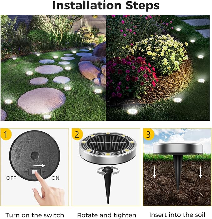 16 Pack Solar Ground Lights Outdoor, 8 LED Mini Flat Solar Disk Lights, IP65 Waterproof Anti-Rust Disc Light, Landscape Lighting for Garden Pathway Yard Walkway Driveway Lawn,Cool White