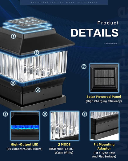 RGB&Warm Solar Post Cap Lights 50 Lumen, Outdoor 4x4 3.5x3.5 4.5x4.5 or 5.5x5.5 Led Fence Deck Patio Garden Post Lights for Christmas Halloween Parties(Black, 4 Pack)