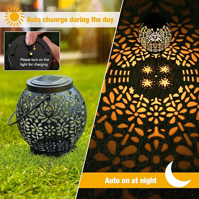 Brizled Solar Lantern Lights, 2 Pack Outdoor LED Hanging Lantern Lights with Star Projection, Warm White Solar Garden Lighting Retro Table Lanterns Light Waterproof for Garden Patio Courtyard Path