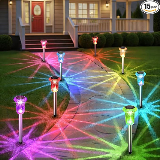 Solar Outdoor Lights, 15 Pack Solar Pathway Lights Outdoor Waterproof, Stake Lighting for Garden Yard Path Walkway Driveway Patio Lawn Decor,Color Changing