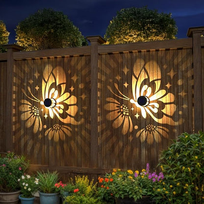 Solar Fence Lights 2 Pack Outdoor Deck Step Wall Lights Metal Waterproof LED Warm Yellow Light for Garden Post Patio Backyard Yard Decor (Butterfly-Flower, 2)