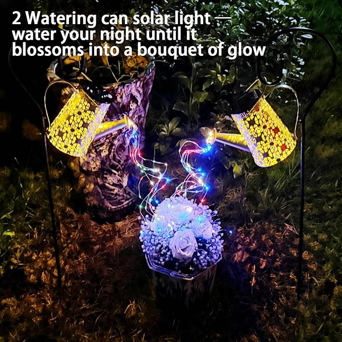 2 Pack Solar Watering Can Lights with Shepherd Hook,Solar Powered Watering Can Light Waterproof Outdoor Garden Hanging Decoration,8 Multi-Color Changing Modes(Multicolour).