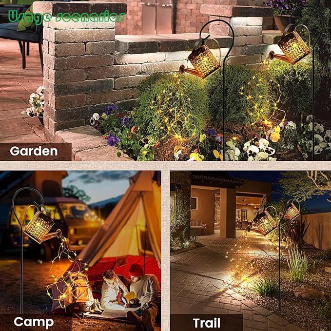 Solar Watering Can Lights, LED Solar Lantern String Light Outdoor Garden Waterproof Hollowed-Out Retro Metal Water Can Lights, for Garden Patio Yard Pathway Lantern Plant Decoration(with Bracket)