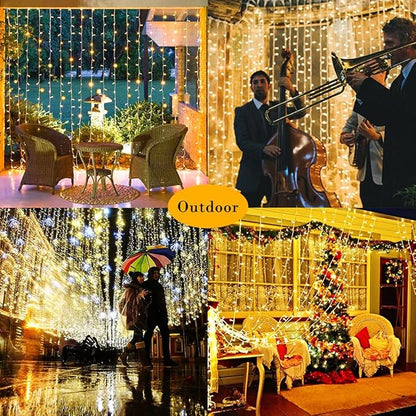 Upgraded Solar Curtain Lights Outdoor Garden Fairy String Lights 300 LED 8 Modes Remote Control Waterproof Waterfall Lights for Gazebo Patio Party Festival Wedding Christmas Decorations(Warm)