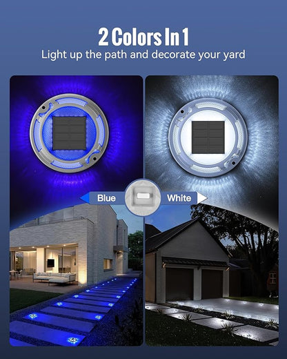 Solar Driveway Lights Dock Lights Waterproof 4 Pack, 2 Colors in 1, LED Solar Deck Lights for Outside, Solar Powered Ground Lights for Warning Driveway Stair Step Pathway(Blue & White)