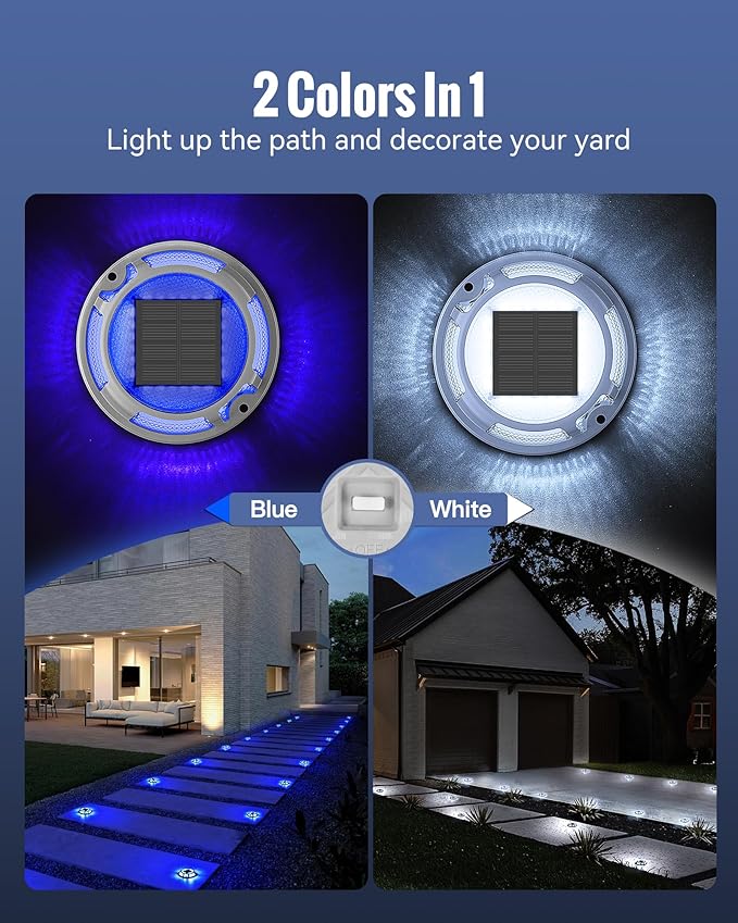 Solar Driveway Lights Dock Lights Waterproof 16 Pack, 2 Colors in 1 Outdoor LED Solar Deck Lights, Solar Powered Walk Way Light Road Marker for Warning Stair Pathway Patio Yard (Blue & White)