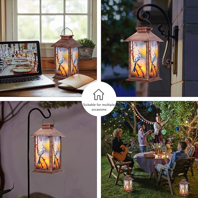 Solar Lanterns Outdoor, Waterproof Blue Jay Garden Hanging Lanterns with LED Flickering Flameless Candles for Mom Grandma Women Lantern Decorative Outdoor for Christmas, Yard, Garden Decor