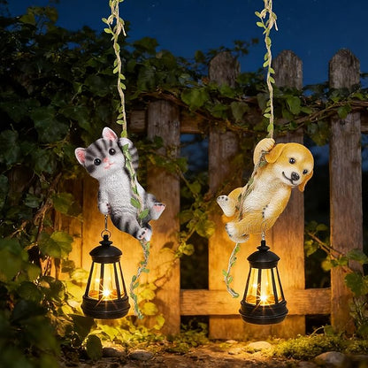 Set of 2 Solar Hanging Statue, Outdoor Resin Black White Cat & Golden Retriever Dog Figurine with LED Lights, Animal Ornament for Garden, Fence, Porch, Patio, Yard Decor