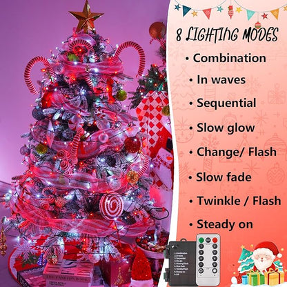YEGUO Christmas Lights Battery Operated, 2 Pack Each 33ft 100 LED Red and White String Lights Outdoor Waterproof, 8 Modes Green Wire Fairy Light Indoor with Remote