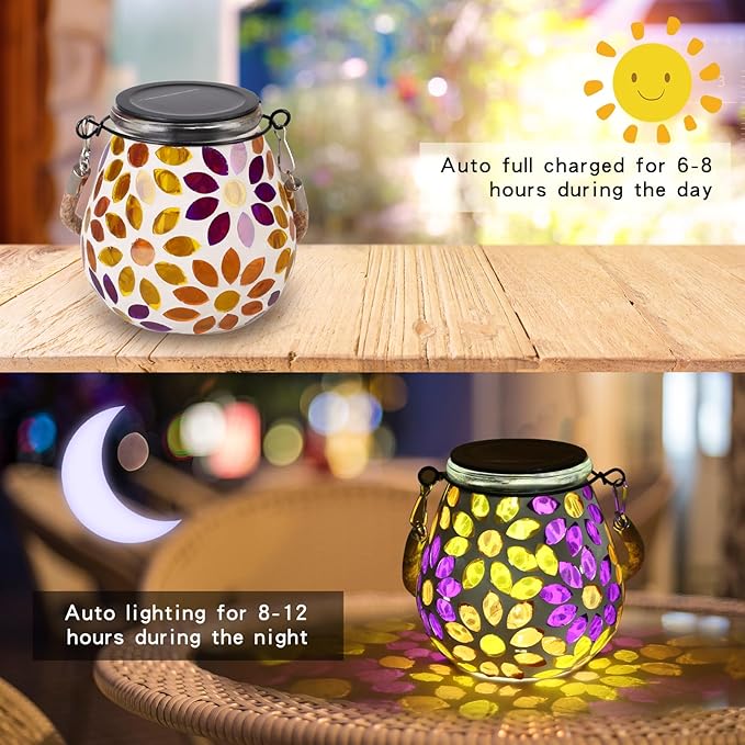 Mosaic Solar Lights Outdoor Lanterns, Decorative Mosaic Glass Solar Lamps Outdoor Waterproof, Hanging Lanterns Solar Night Lights for Garden,Patio,Pathway & Yard Décor (Flower)