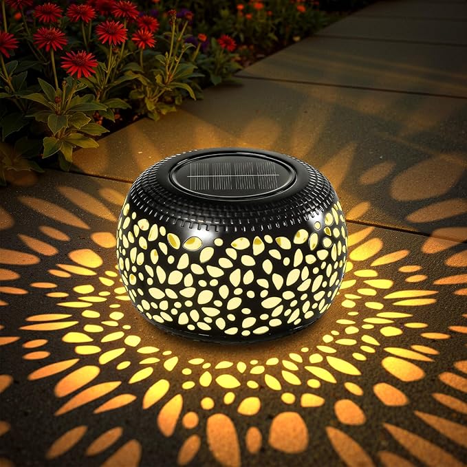 2 Pack Solar Lanterns Outdoor Waterproof Lights, Black Hollow Out Metal Table Light, Unique Gardening Gifts for Women Mom, Outside Garden Yard Balcony Indoor Tabletop Decorations, 2 Modes