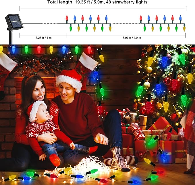 Christmas Decorations Solar Strawberry String Lights Outdoor,50LED Multicolor C6 Strawberry with Xmas Gifts Decor,Waterproof Solar Christmas Lights for Home,Porch,Tree,Roofline Decor