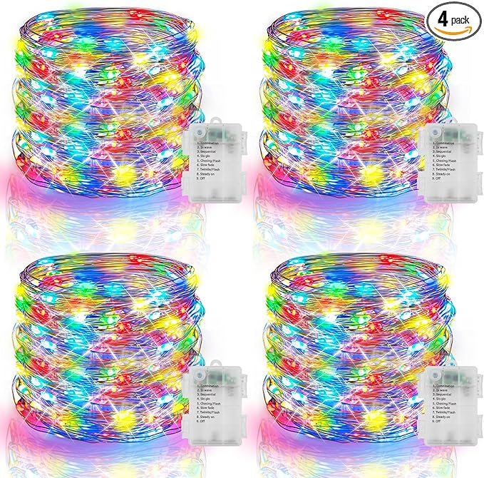 4 Pack Battery Operated Fairy Lights 16.4 Ft 50 LED Christmas Fairy Lights with Auto Timer 8 Modes, Waterproof Silver Wire Battery Twinkle Lights for Wedding Christmas Decor (Multicolor)
