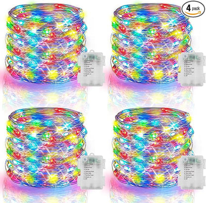 4 Pack Battery Operated Fairy Lights 16.4 Ft 50 LED Christmas Fairy Lights with Auto Timer 8 Modes, Waterproof Silver Wire Battery Twinkle Lights for Wedding Christmas Decor (Multicolor)