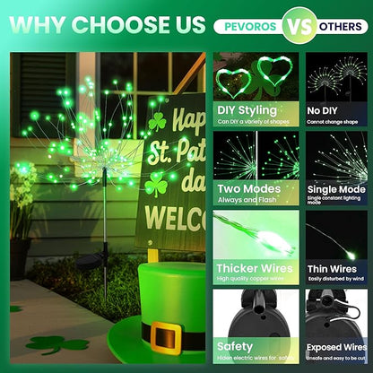 4 Pack St. Patrick's Day Solar Lights Outdoor, Solar Garden Lights Outside Fairy Firework Decorative,Solar Powered for Wedding,Yard Pathway Party Balcony Patio Decor (Green