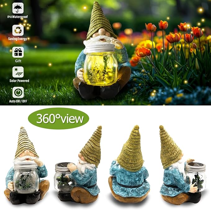 Solar Firefly Jar Gnome Waterproof - Large Garden Gnome Funny Solar Outdoor LED Lights Resin Statues 10.6" Lantern Figurines Decorations Birthday Housewarming Gifts for Mom Women