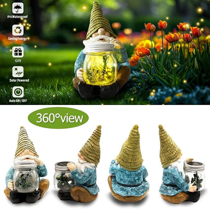 Solar Firefly Jar Gnome Waterproof - Large Garden Gnome Funny Solar Outdoor LED Lights Resin Statues 10.6" Lantern Figurines Decorations Birthday Housewarming Gifts for Mom Women
