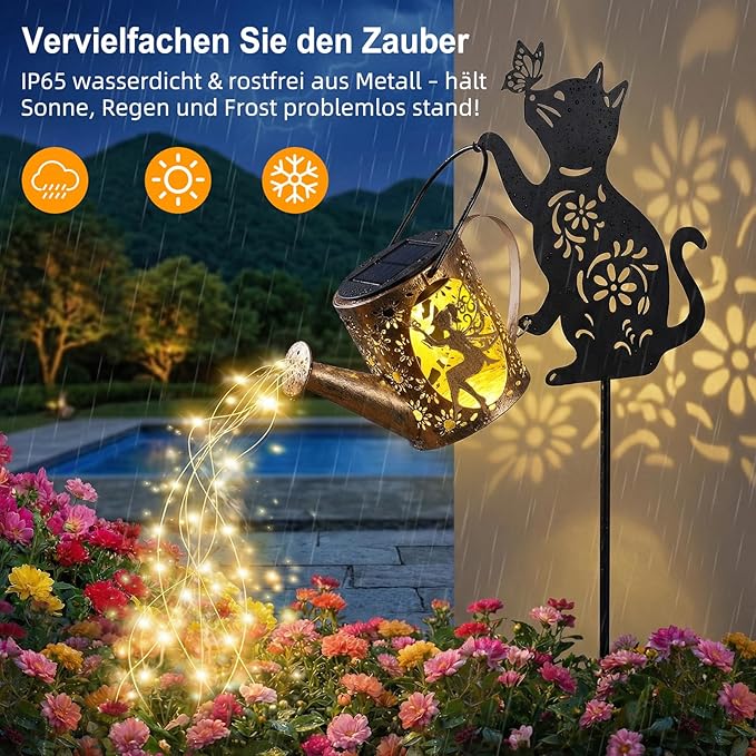 Solar Watering Can Lights with Fairy & Flowers, Outdoor Garden Decor with Cascading String Lights, Waterproof Solar Powered Hanging Lantern for Patio Yard Pathway, Gift for Mom Cat Lovers Gardeners