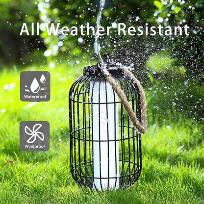 pearlstar Large Solar Powered Lantern Outdoor-Heavy Duty Metal Hanging Lights Decorative Solar Table Lamp Waterproof for Outside Patio Yard Garden Porch Tabletop Decor (Black)