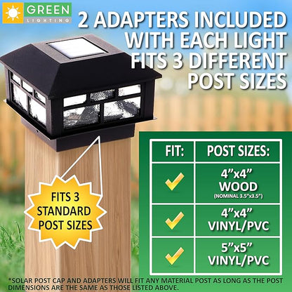 GreenLighting Modern Solar Post Cap Lights Fits 4x4 Wood, 4x4 & 5x5 PCV/Vinyl Outdoor Solar Powered Light, Fence Post, Landscaping, Deck, Garden- Bright LED, Waterproof Black 8 Pack