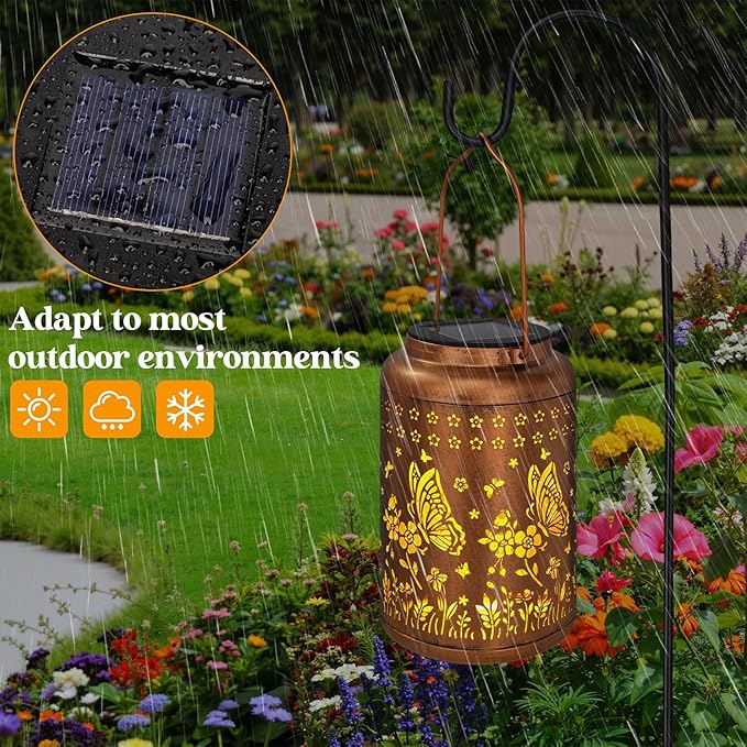 2 Packs Butterfly Solar Lanterns Outdoor Waterproof, Birthday Gifts for Women Mom Grandma, Metal Hanging Solar Lights Outside Decorations for Garden Patio Porch Backyard Garden Decor