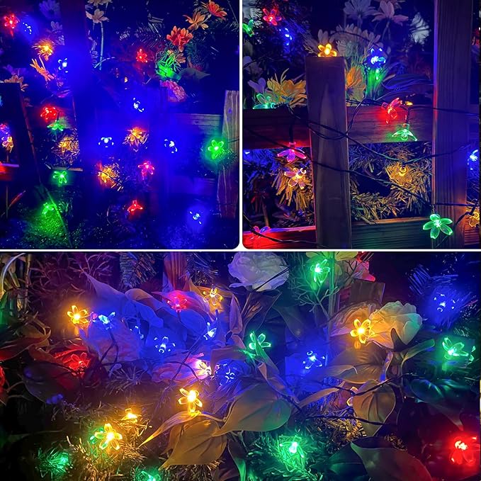2PK 80LED 50FT Flower Solar String Lights Outdoor Waterproof, Cherry Blossoms Multicolor Lights with 8 Lighting Modes, Garden Decor for Outside, Pathway Light for Fence, Patio, Yard