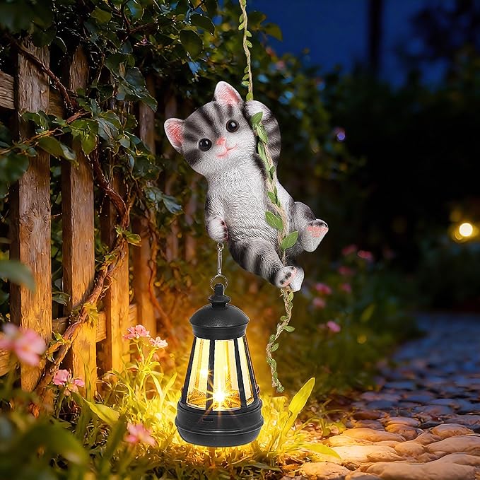 Solar Hanging Cat Statue, Outdoor Resin Black Cat Figurine with LED Lights, Kitty Animal Ornament for Garden, Fence, Porch, Patio, Yard Decor, Dusk to Dawn Auto On/Off