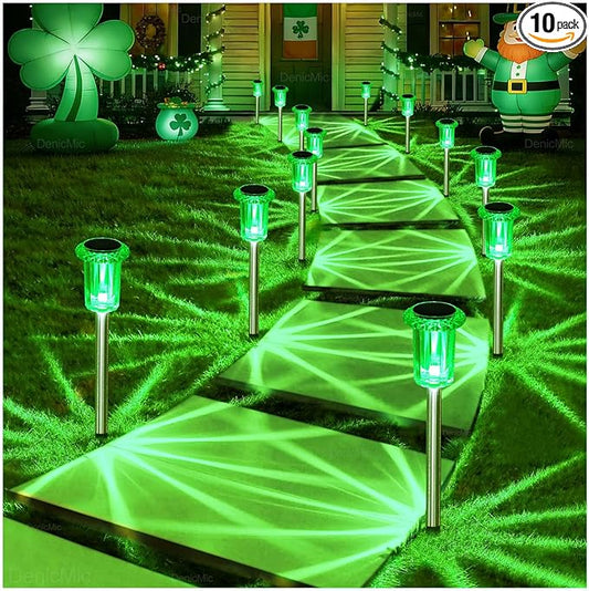 DenicMic St Patricks Day Decorations Solar Lights Outdoor 10 Pack Waterproof Green LED Stainless Steel Stake Outside Lights for Yard Pathway Garden Driveway Walkway Landscape Path Lighting