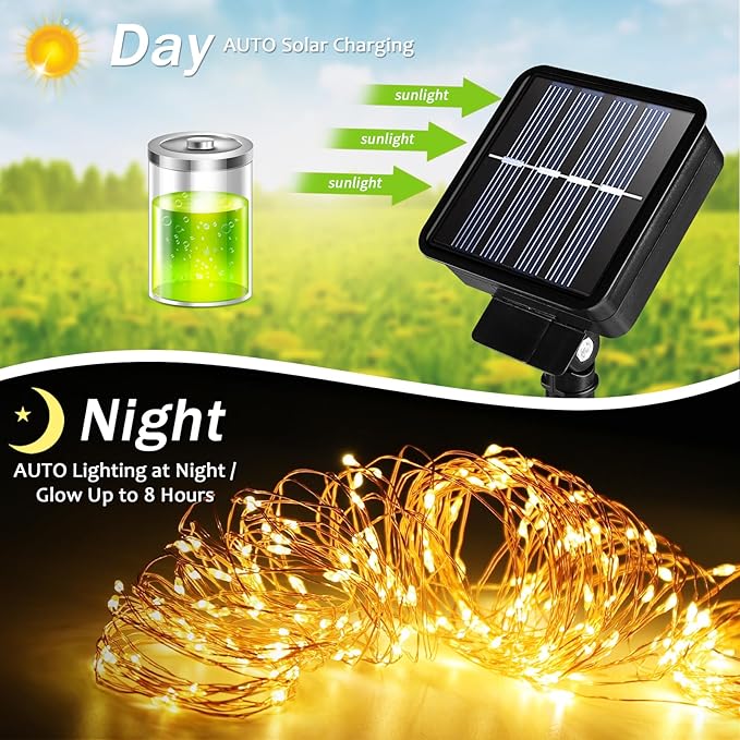 Solar String Lights Outdoor, 33 Feet 100 LEDs 8 Modes Solar Fairy Lights for Outside, Waterproof Outdoor Light for Patio Yard Christmas Tree Halloween Wedding Party Decorations, Cool White