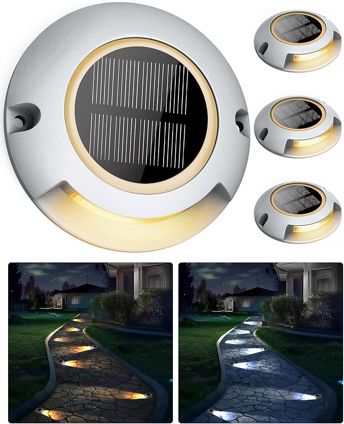 Solar Driveway Lights Outdoor Waterproof,2 Color Modes Outdoor Solar Deck Dock Warning Step Lights for Driveway Marker Sidewalk Garden Pathway Yard (4 Pack)