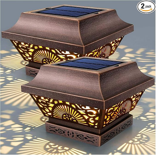 DenicMic Solar Post Lights 2 Pack Post Cap Solar Lights Outdoor Waterproof Metal 25 Lumen Warm White LED Lighting for 3.5x3.5 4x4 5x5 Wooden Fence Posts Deck Rail Yard Patio (Copper)
