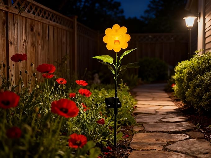 Personified Bobble Face Wind Spinners Sunflower Solar Light Outdoor with Funny Astonished Face - Garden Decor, Waterproof Auto-On/Off Pathway, Lawn, Yard Stake Light for Decorations - Single Pack