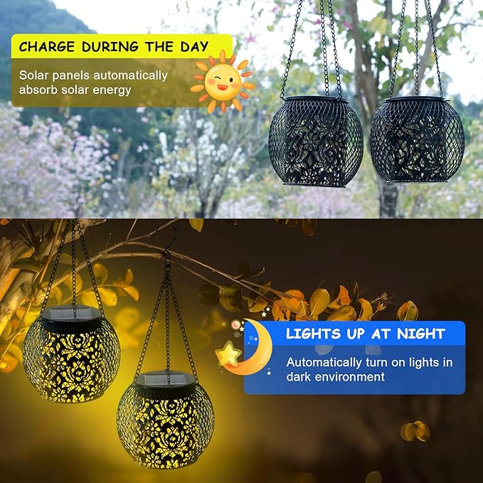 Solar Lanterns Outdoor Waterproof, Hanging Solar Lights Outside Garden Decor, Metal Solar Garden Lights Patio Decor for Yard, Solar Powered Lanterns Decorative for Porch Balcony Backyard Fence